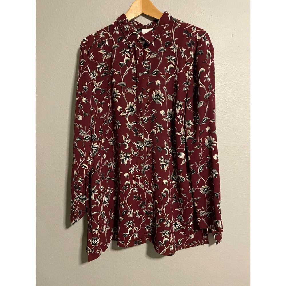 J. Jill Womens Tunic XL Maroon Floral Button Up Pleated Long Sleeve Cottagecore